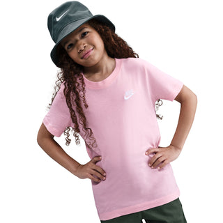 Youth pink tee worn by model, small Nike logo on chest