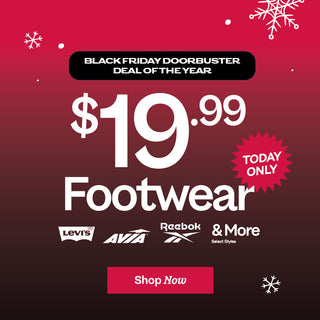 Black Friday footwear sale advertisement with various brand logos on a red and black gradient background.