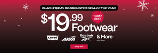 Black Friday advertisement for footwear deals with Levi's, Ava, and Reebok logos on a red and black gradient background.