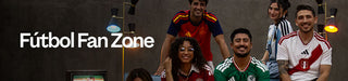 Group of people in sports jerseys with 'Futbol Fan Zone' text.