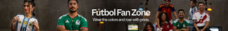 Promotional banner for 'Futbol Fan Zone' with people wearing soccer jerseys.