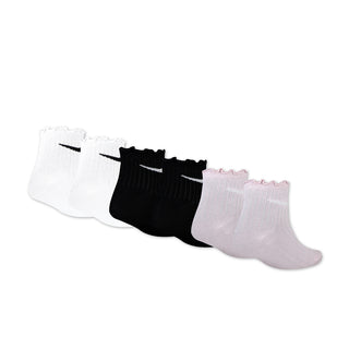 6-pack XXS quarter socks, white, black, and pale pink with lettuce welt