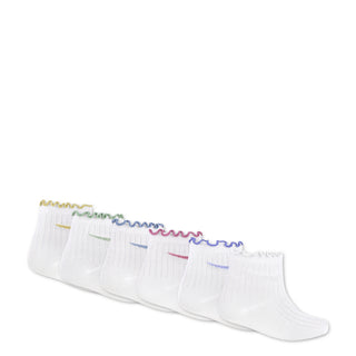 6-pack x-small white ankle socks, lettuce welt with multicolor logo bands, side view