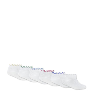 6-pack x-small no-show socks, white with scalloped multicolor cuffs