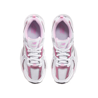 Youth sneakers front view with white laces, pink insoles, mesh and panel details