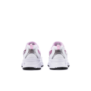 Youth sneakers heel view in white with pink stripes and cushioned sole