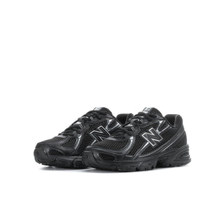 Youth New Balance sneakers, black mesh with two-tone N logos and thick rubber sole
