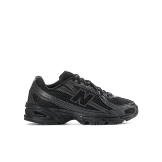 Youth black running shoes, side profile with N logo
