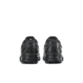 Youth black running shoes with gray logo details, rear view
