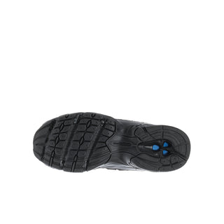 Youth black running shoe outsole with blue traction insert