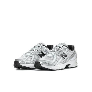 Youth athletic sneakers, silver metallic mesh with black N logo and white/gray midsole