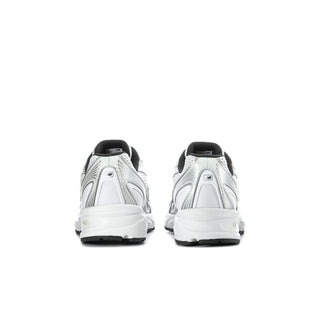 Youth sneakers, silver mesh uppers with black heel lining and white rear sole