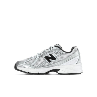 Youth athletic sneakers, silver metallic mesh with black N logo and cushioned sole