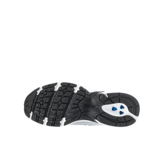 Youth sneaker outsoles, black traction tread with white/gray trim and blue logo