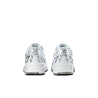 Youth running shoes, white and silver metallic, rear view with padded collar
