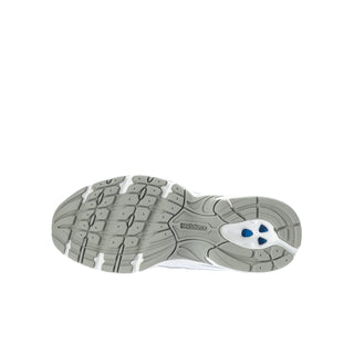 Youth running shoe outsole, gray tread pattern with blue accent near toe