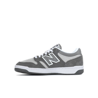 Youth low-top sneakers with lace-up front, dark gray suede and white N logo