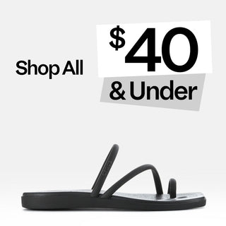 Black sandal with promotional text 'Shop All $40 & Under' on a white background
