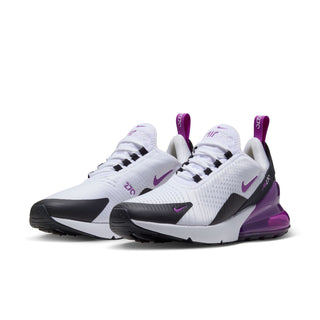 Women’s Air Max 270 sneakers, pair view in white mesh with purple and black details.