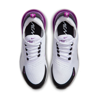 Women’s Air Max 270 sneakers, white uppers with black laces and purple heel tabs.