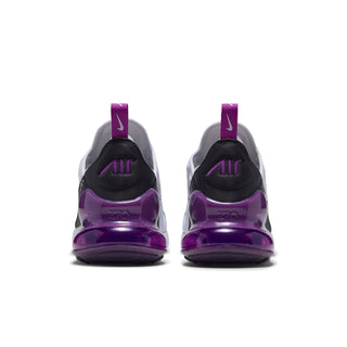 Women’s Air Max 270 sneakers, rear view with black heel and purple Air cushioning.