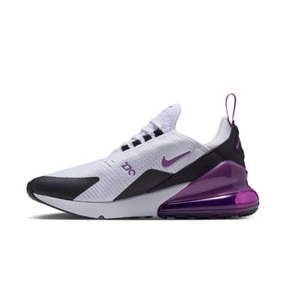Women’s Air Max 270 sneakers, angled side view with purple Air unit and black accents.