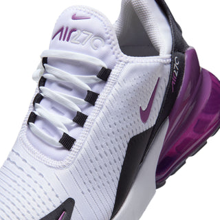 Women’s Air Max 270 sneaker close-up, white knit upper with purple swoosh and laces.