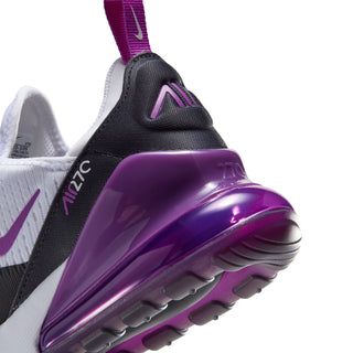 Women’s Air Max 270 sneaker close-up, purple heel Air unit with black collar.