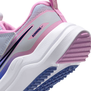 Kids running shoe side and sole detail with 'RUNNING' strap and pink heel.