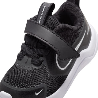 Toddler black mesh sneaker with padded collar and Nike swoosh, stitched overlays