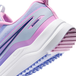 Youth running shoe midsole close-up with RUNNING logo, pink and blue outsole tread.