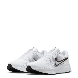 Women's running shoes, white knit upper with black Swoosh and cushioned midsole