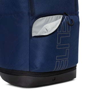 Navy varsity-style backpack with front zip pocket and white-lined compartment, black base