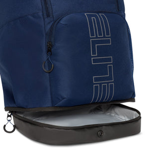 Navy backpack with open top, gray interior lining, front zip and vertical logo