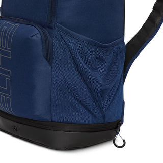 Navy backpack side with mesh panel and zip detail, black bottom with hanging loop