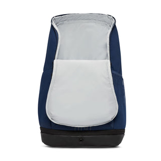 Navy backpack with open front compartment and white padded lining, black bottom