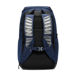 Navy backpack back with padded straps and reflective silver panels, Nike swoosh