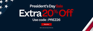 Promotional banner for President's Day Sale with 20% off and a code on a blue background.