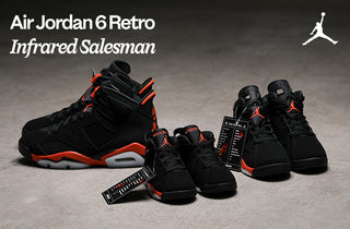 Air Jordan 6 Retro Infrared Salesman sneakers on a gray background with Jordan logo.