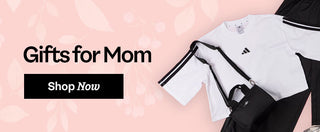 Promotional banner for gifts for mom with Adidas clothing on a pink background