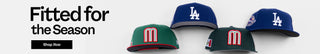 Three baseball caps with logos on a white background, featuring text 'Fitted for the Season' and 'Shop Now'.