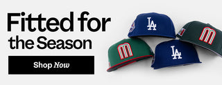 Three baseball caps with logos and text 'Fitted for the Season' and 'Shop Now' on a white background.