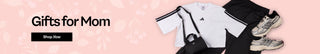 Promotional banner for gifts for mom with Adidas clothing and shoes on a pink background