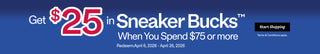 Promotional banner for 'Sneaker Bucks' program with a $25 reward and spending requirement.