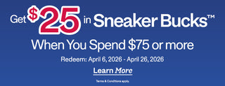 Promotional banner for $25 in Sneaker Bucks offer with a blue background