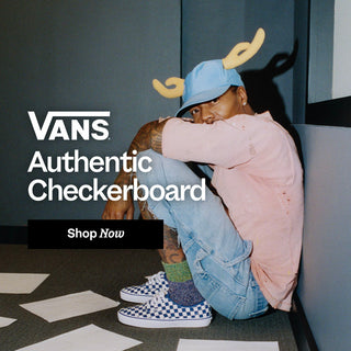 Person wearing Vans shoes with 'Vans Authentic Checkerboard' text and 'Shop Now' button.