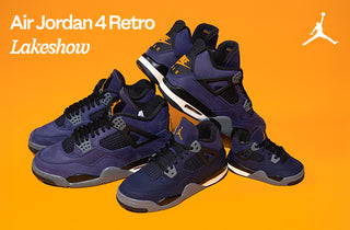 Air Jordan 4 Retro Lakers shoes on an orange background with Jordan logo.