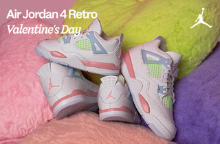 Pair of Air Jordan 4 Retro Valentine's Day sneakers on a colorful background with Jordan logo.
