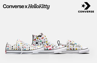 Converse x Hello Kitty sneakers with character prints on a white background