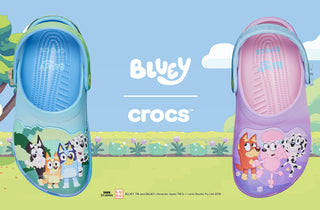 Two children's shoes with cartoon characters on a colorful background, featuring the 'Bluey' and Crocs logos.